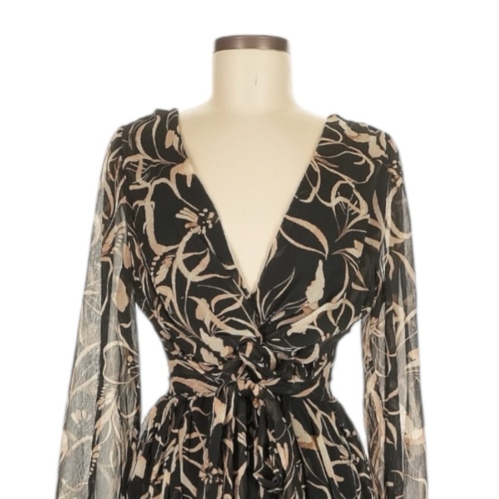 DKNY Printed Chiffon Long Sleeve A-Line Dress Black Beige Floral NWT 4 MSRP $139 - Picture 4 of 9